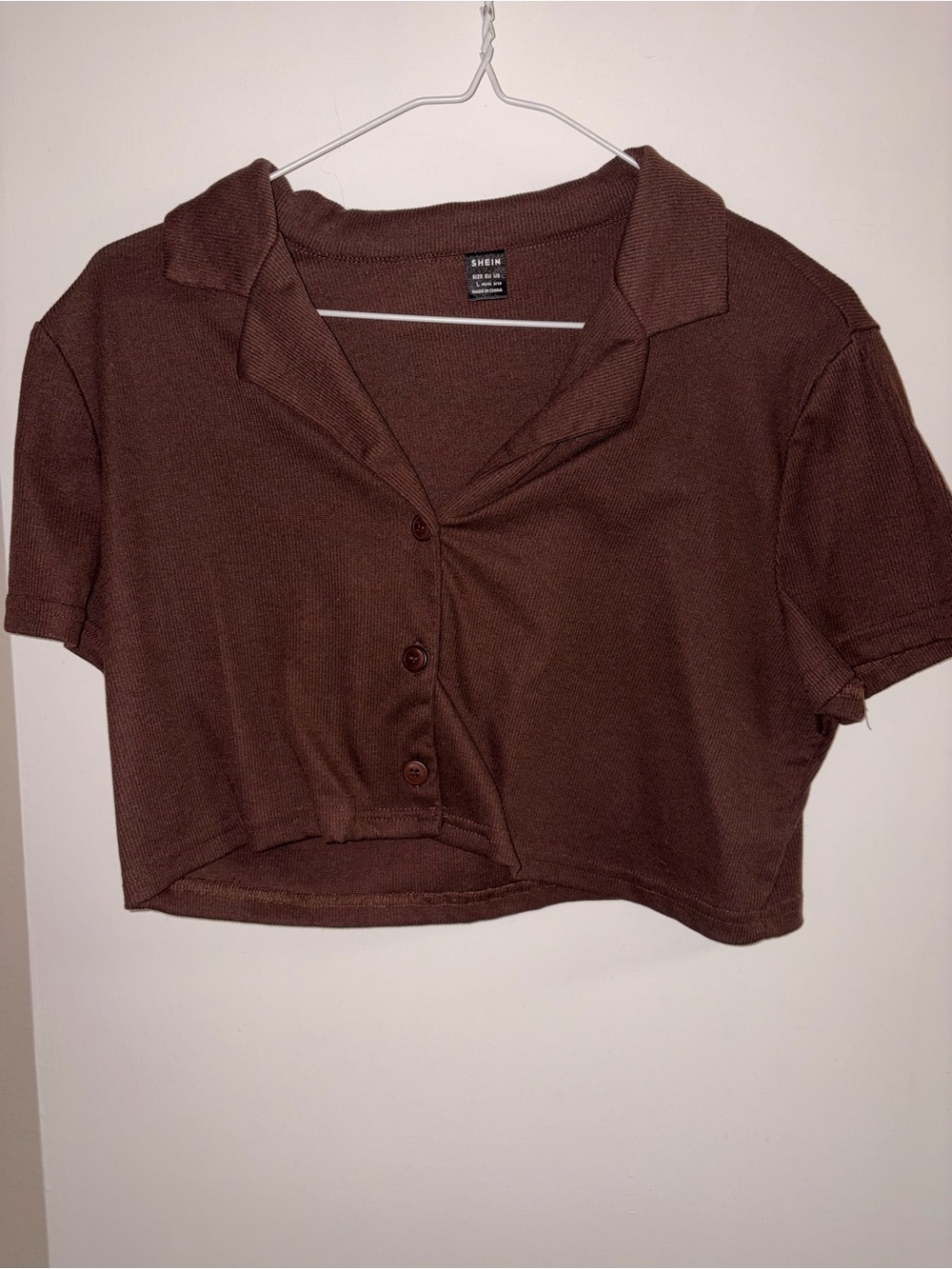 SHEIN Chocolate Brown Cropped Polo Button-Up Top